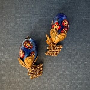 Enameled Egg Shaped Clip On Vintage Earrings